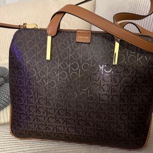 Calvin Klein Black and Brown Monogram Shoulder Bag